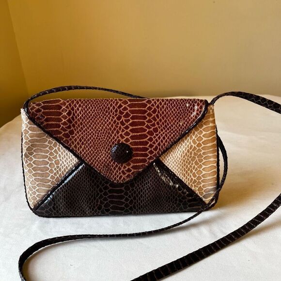Handbags - ❤️Faux Leather Patchwork Clutch Purse Crossbody Skinny Strap Brown Tan Snakeskin